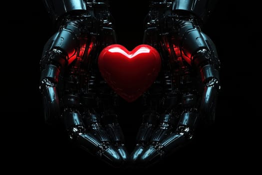 A futuristic robotic hand gently holds a glowing red heart, symbolizing the intersection of technology and emotion..