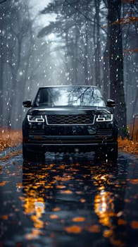 Black SUV on a rainy road amid autumn leaves in a foggy forest setting
