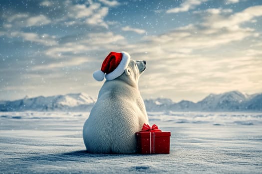 rear shot a polar bear with Christmas hat with gift box calm on a cold arctic ice with snowy mountains in the distance. --ar 3:2 --v 6.1 Job ID: 9a956aaa-11a0-4418-8198-a2676a1de550
