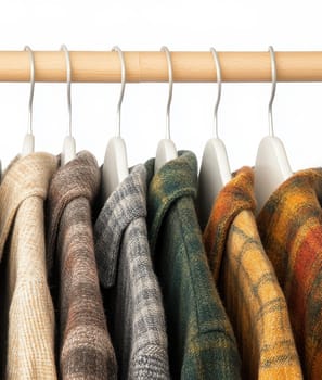 Collection of plaid flannel shirts in various colors hanging on wooden rack, autumn and winter casual fashion wardrobe essentials. High quality illustration