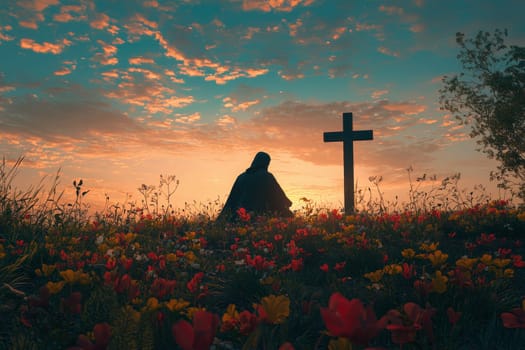 Contemplative Man in Flower Meadow at Sunrise with Cross Symbolizing Easter Serenity and Reflection..