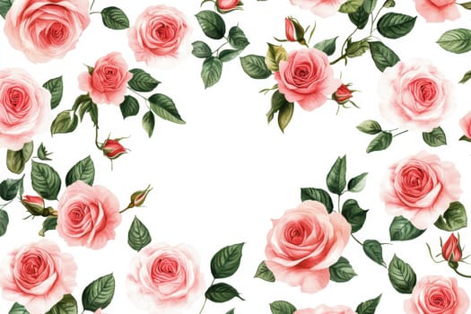 pattern of pink roses and green leaves scattered across a white background. High quality illustration