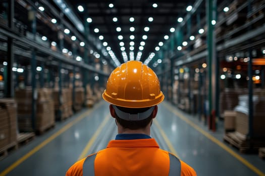 A man wearing a safety hard hat stands in a warehouse. Suitable for industrial and construction themes..