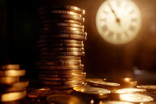 Close up stack of coins money with blurry alarm clock, time and investment management..