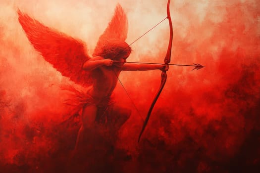 oil acrylic paint art, a red cupid the hunter in a misty valentine holding a longbow. High quality illustration
