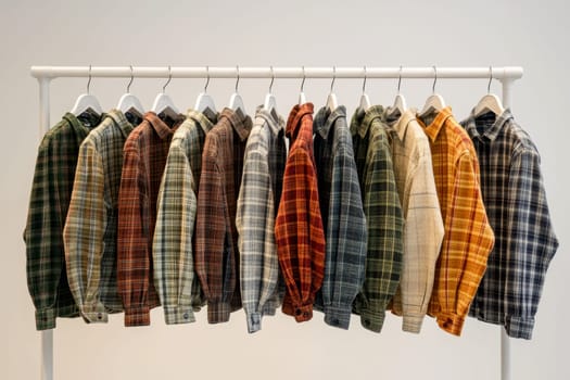 Collection of plaid flannel shirts in various colors hanging on wooden rack, autumn and winter casual fashion wardrobe essentials.