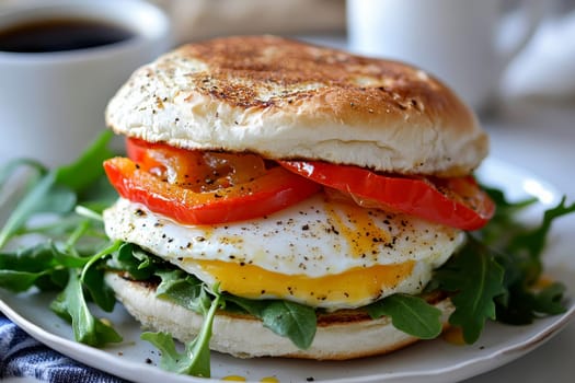 Delicious Breakfast Burger with Fluffy Eggs and Nutty Melted Cheese..