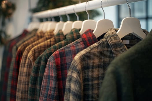 Collection of plaid flannel shirts in various colors hanging on wooden rack, autumn and winter casual fashion wardrobe essentials.
