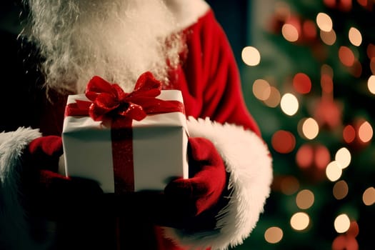 Christmas santa claus with gift box, copy space with Christmas red bokeh light on background..