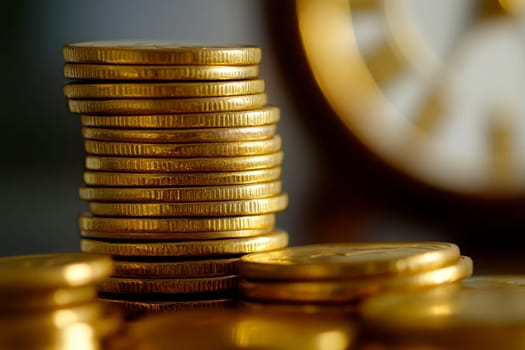 Close up stack of coins money with blurry alarm clock, time and investment management..
