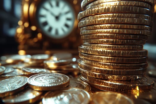 Close up stack of coins money with blurry alarm clock, time and investment management..