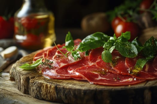 Raw beef with arugula and dressing. ai generative.