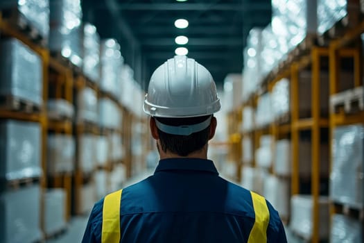 A man wearing a safety hard hat stands in a warehouse. Suitable for industrial and construction themes. High quality illustration