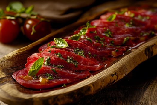 Raw beef with arugula and dressing. ai generative.