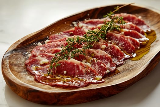 Raw beef with arugula and dressing. ai generative.