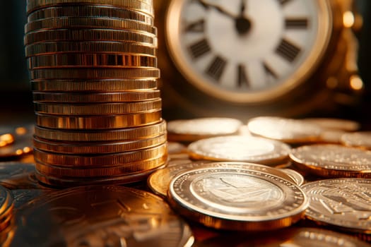 Close up stack of coins money with blurry alarm clock, time and investment management..