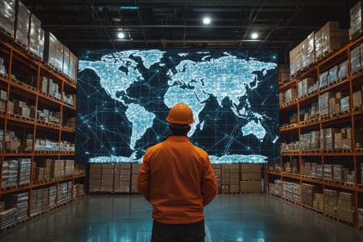 A man wearing a safety hard hat stands in a warehouse. Suitable for industrial and construction themes..
