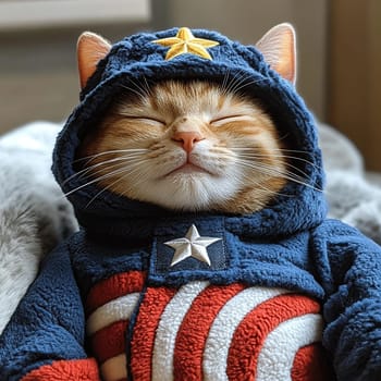 A cute ginger kitten sleeps sweetly at home in a superhero costume.