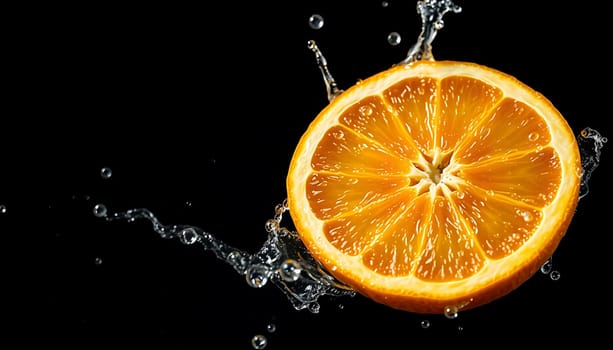 A close-up shot of a fresh orange slice splashing into water against a black background. The vibrant orange color of the fruit contrasts beautifully with the clear water droplets, creating a dynamic and refreshing image. This image can be used for advertising, branding, or as a decorative element for various projects. It's perfect for promoting healthy eating, summer vibes, and refreshing beverages.,