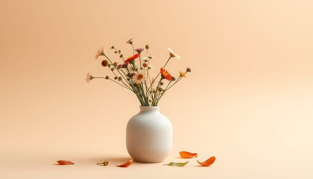 A simple yet elegant image featuring a bouquet of wildflowers in a white vase, set against a soft beige background. The natural colors of the flowers create a calming and serene atmosphere, making this image ideal for home decor, greeting cards, and other projects that require a touch of natural beauty. With a minimalist aesthetic and a focus on the delicate details of the flowers, this image evokes a sense of tranquility and peace, perfect for creating a welcoming and inviting ambiance. The image also includes three fallen flower petals, adding a touch of realism and whimsy to the composition.,
