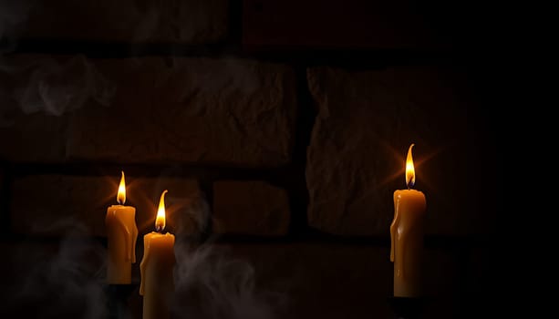 Three candles burn brightly in a dark room, casting a warm glow against a brick wall. The candles are dripping wax and smoke is rising from them, creating a mystical and atmospheric scene. This image is perfect for projects related to magic, mystery, or the occult. It can also be used for design elements, website backgrounds, or social media posts. The dark background and warm light create a dramatic and captivating composition. The image is full of symbolism and can be interpreted in many different ways.,