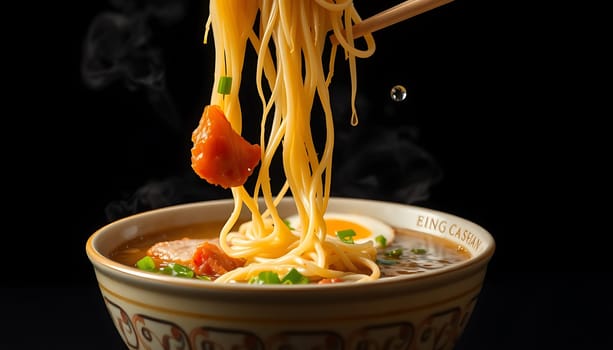 A close-up shot of a steaming bowl of ramen noodles being lifted from the bowl with chopsticks. The noodles are still steaming hot and have a golden brown color. The bowl is decorated with an intricate design and the broth is a rich, flavorful color. This image is perfect for use in cookbooks, food blogs, or advertising for restaurants or food products. It conveys a sense of deliciousness and comfort food.