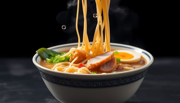 A close-up shot of a steaming bowl of ramen noodles with pork, egg, and green onions. The noodles are being lifted from the bowl, creating a delicious and inviting image. This photo is perfect for illustrating articles about Japanese cuisine, food photography, and healthy eating. It can also be used for restaurant menus, cooking websites, and food packaging.,