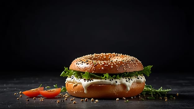 Close-up shot of a delicious sesame bagel topped with cream cheese and fresh lettuce, shot on a black surface. The bagel is garnished with sesame seeds and a sprig of green microgreens. The image is perfect for use in food blogs, recipe websites, cookbooks, or any other project that needs a mouthwatering visual representation of a tasty breakfast or lunch. It's a high-quality, close-up image that captures the texture and freshness of the ingredients. The dark background creates a clean and sophisticated look, highlighting the colorful and vibrant bagel in the foreground.