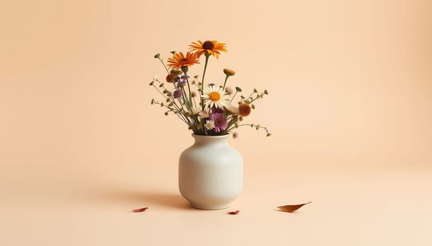 A simple and elegant still life featuring a white ceramic vase filled with a vibrant mix of wildflowers. The vase sits on a light peach background, creating a minimalist and modern aesthetic. The natural beauty of the flowers is highlighted against the muted backdrop, making this image ideal for use in home decor, branding, or editorial projects. The soft lighting and simple composition create a sense of calm and serenity. This image is perfect for adding a touch of nature to any design project, with the versatility to be used in various ways.