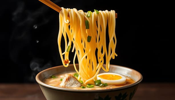 A close-up shot of a bowl of steaming ramen noodles, showcasing the golden noodles being lifted with chopsticks. The bowl is filled with a rich, flavorful broth, a soft-boiled egg, and green onions, creating a mouthwatering visual. Perfect for illustrating articles and blogs related to Asian cuisine, food photography, and culinary arts. This image is also great for showcasing the freshness and appeal of ramen dishes.,