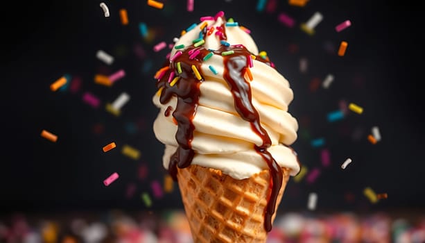 This vibrant image features a delicious-looking ice cream cone with swirls of vanilla ice cream, topped with a generous drizzle of rich chocolate sauce and a sprinkle of colorful sprinkles. The image captures the essence of summer fun and indulgence, making it perfect for use in advertising, food blogs, and social media. The image has a high-resolution and is suitable for print and digital use.,