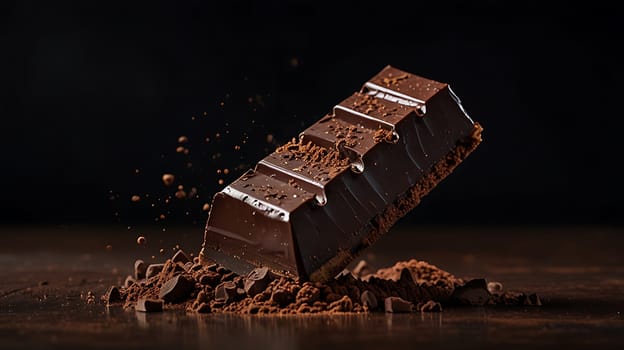 A close-up shot of a dark chocolate bar dusted with cocoa powder. The bar is falling through the air, with some of the cocoa powder flying off. The image is shot against a dark background, creating a dramatic and luxurious feel. This image is perfect for advertising chocolate, baking, or other food products. It can also be used for creating a mood board or as a background image. ,