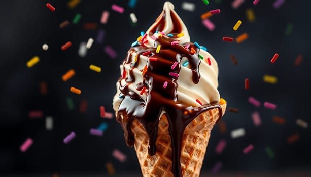 A close-up shot of a delicious ice cream cone with white soft serve, drizzled with chocolate sauce and topped with colorful sprinkles. The image features a dark background with sprinkles falling around the cone, creating a sense of movement and fun. This image is perfect for advertising, packaging, or websites related to ice cream, desserts, or summer treats. It can also be used for social media posts, food blogs, and more.,