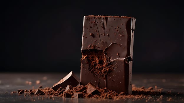 A close-up image of a dark chocolate bar broken in half, surrounded by cocoa powder and chocolate pieces. The rich, brown tones and textured surface create a visually appealing image that evokes the senses. This image is perfect for use in advertising, packaging, or editorial content related to chocolate, confectionery, desserts, or food and beverage. ,