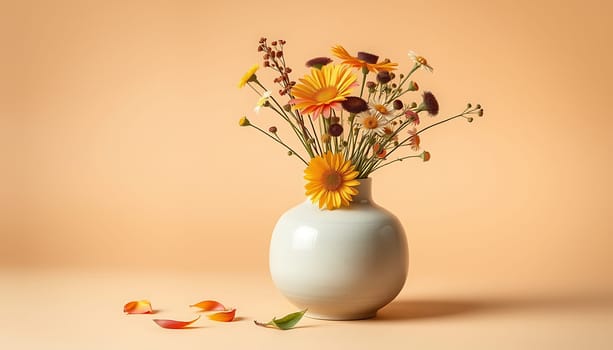 A simple and elegant still life featuring a bouquet of yellow and white flowers in a white ceramic vase against a soft beige backdrop. The flowers include gerberas, daisies, and other wildflowers, adding a touch of nature's beauty to the composition. The delicate petals and stems create a visual contrast against the smooth, white vase. The image is perfect for various applications, such as interior design, floral arrangements, and home decor projects. The simple yet elegant composition and warm color scheme evoke feelings of peace, serenity, and natural beauty.,