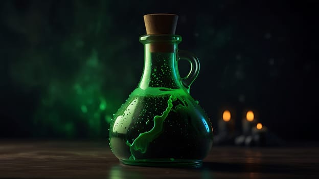 A mysterious glass bottle with a cork stopper filled with a vibrant green liquid, sitting on a wooden surface with candles in the background. The bottle is wet with condensation, adding to its mystique and creating a sense of magic or alchemy. This image is perfect for fantasy, magic, or science fiction themed projects, or for representing potion, elixir, or mystical concoctions. It can also be used for Halloween or other spooky events, as well as for more general concepts such as nature, liquid, or glass.