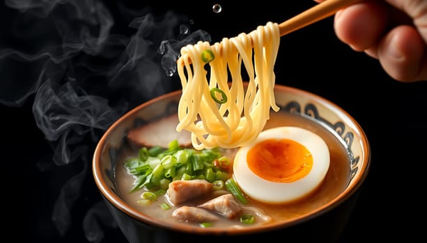 A close-up image of a bowl of steaming ramen noodles with chopsticks lifting a portion of the noodles. The bowl contains a soft-boiled egg, chopped scallions, and meat. The image is perfect for illustrating articles, blogs, and social media posts about Japanese cuisine, comfort food, and noodle dishes. It could also be used in advertising campaigns for ramen brands, restaurants, or food delivery services.,