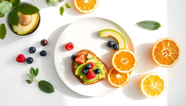 A delicious and healthy avocado toast topped with fresh berries, citrus slices, and a sprinkle of green leaves. Perfect for a light breakfast, brunch, or snack. The vibrant colors and natural ingredients make this image perfect for showcasing healthy eating and lifestyle concepts. It can be used for food blogs, cookbooks, restaurant menus, or social media posts. The image is captured with a clean white background and natural light, providing a fresh and modern aesthetic.,
