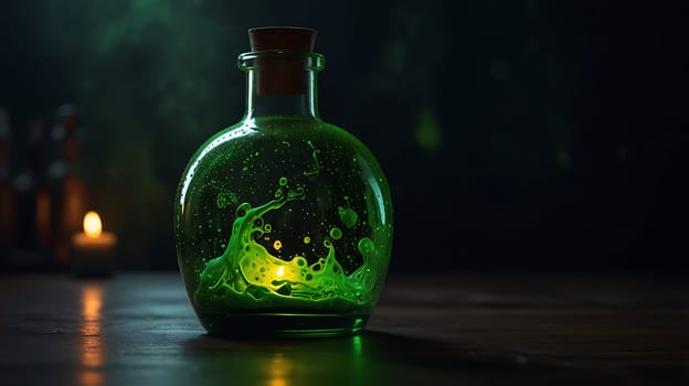A mystical glass bottle filled with a glowing green liquid, reminiscent of a potion or elixir. The liquid swirls and bubbles with a soft, ethereal glow, creating a captivating and magical atmosphere. The bottle is placed on a wooden surface, with a blurred green background adding to the sense of mystery and enchantment. This image is perfect for projects related to fantasy, witchcraft, potions, magic, or any other mystical theme.,
