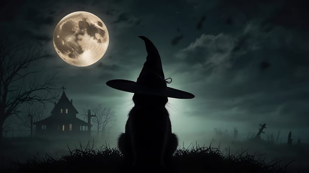 A spooky silhouette of a black cat wearing a witch's hat stands in tall grass under a full moon. The cat is looking towards the viewer, with the moon casting a soft glow on its face. The scene is set against a backdrop of a spooky, old house and a graveyard, with the faint outline of a cross in the distance. The image is perfect for Halloween-themed projects, spooky stories, and fantasy illustrations. It evokes a sense of mystery and intrigue, with the cat's piercing gaze captivating the viewer. The dramatic lighting and atmospheric background create a compelling visual that draws the eye in. This image can be used in various applications such as website banners, posters, social media graphics, and book covers.,