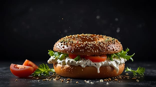A close-up shot of a freshly made sesame seed bagel with cream cheese and tomato, with a touch of scattered seeds and a dark background. The image captures the deliciousness and freshness of the bagel, perfect for advertising breakfast, brunch, or bakery products. The image is ideal for food blogs, restaurant menus, or social media posts. It evokes feelings of hunger and satisfaction.