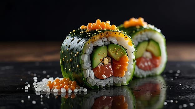This image showcases a close-up of a salmon and cucumber sushi roll with tobiko, a Japanese fish roe, on a black background. The roll is cut in half and the ingredients are visible, including the rice, salmon, cucumber, and tobiko. The image is perfect for illustrating Japanese cuisine, sushi, and healthy eating.