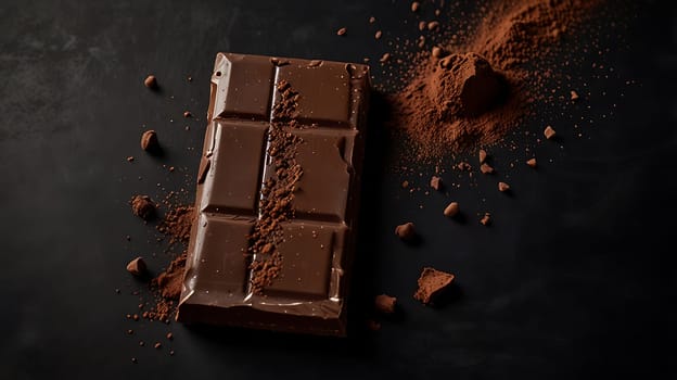 A close-up shot of a dark chocolate bar, with cocoa powder sprinkled over it and around it. The image is perfect for use in food blogs, recipe books, or advertising for chocolate products. The high-quality image showcases the rich and decadent nature of dark chocolate, with a natural, authentic feel. The minimalist composition with a dark background allows for text overlays or branding.