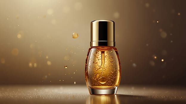 A close-up shot of a luxurious golden serum bottle with a dropper, featuring shimmering golden droplets floating in the air against a blurred gold background. This high-quality image is perfect for promoting beauty products, skincare, and cosmetics. Use it for advertising, social media, and website design to evoke a sense of elegance and luxury.
