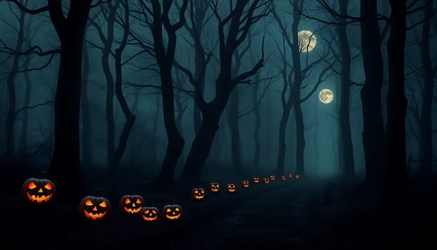 A mysterious and eerie scene of a dark forest shrouded in fog, illuminated by a full moon and a line of glowing jack-o'-lanterns leading into the distance. Perfect for Halloween, horror, and spooky themes. Can be used for websites, banners, social media, or print media.
