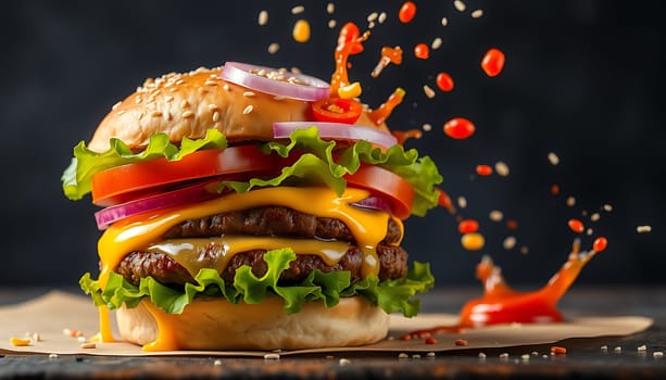 A mouthwatering close-up of a cheeseburger with melted cheese, lettuce, tomato, and red onion. Ketchup is splashed around the burger, creating a dynamic and appetizing scene. Perfect for advertising, food blogs, and restaurant menus. The image is high-resolution and ready for commercial use.,