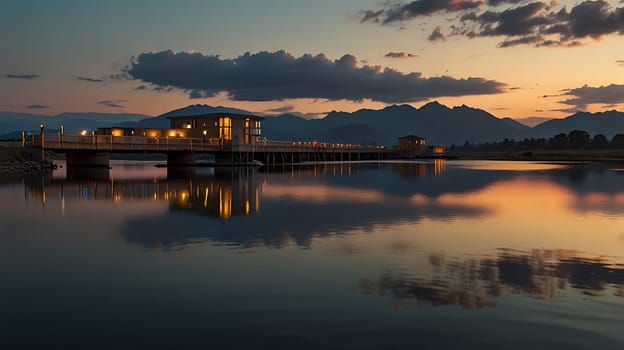 A captivating landscape photograph showcasing a bridge with lights illuminating the scene against a backdrop of silhouetted mountains. The reflection of the clouds in the water adds a mesmerizing element to the image, making it ideal for travel, nature, and architectural themes. Use this photo to evoke a sense of tranquility, peace, and the beauty of nature.