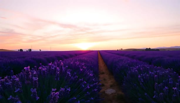 A breathtaking view of a lavender field at sunset. The image captures the vibrant purple blooms of the lavender plants, the warm glow of the setting sun, and the rolling hills in the distance. The field is framed by a dirt path that leads to the horizon, making for a picturesque and tranquil scene. This image would be perfect for use in travel brochures, websites, social media posts, or any project that needs a touch of beauty and tranquility. It can also be used as a background image, desktop wallpaper, or even a print for home decor. The vibrant colors and stunning landscape make this image a truly captivating and memorable scene.,