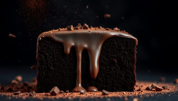 A close-up shot of a decadent chocolate cake with a rich, dark chocolate ganache drizzled over the top. The cake is surrounded by chocolate chips and cocoa powder, creating a delicious and visually appealing image. This image is perfect for use in advertising, food blogs, and social media posts, promoting chocolate desserts and the joy of baking.