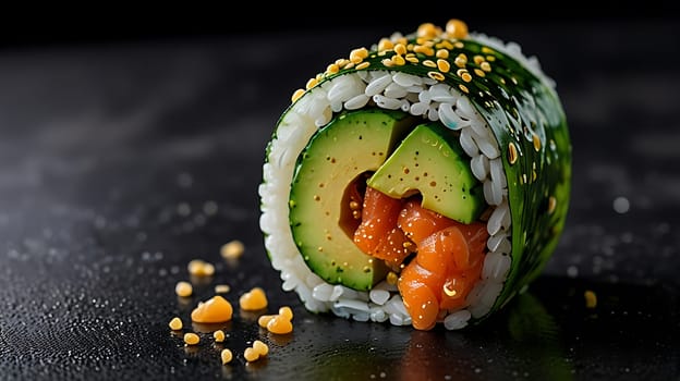 A close-up shot of a delicious sushi roll featuring fresh avocado and salmon, topped with sesame seeds, on a black background. This image showcases the vibrant colors and textures of the sushi ingredients, perfect for illustrating culinary articles, restaurant menus, or food blogs. The dark background allows the sushi to stand out, creating a visually appealing and appetizing image.,